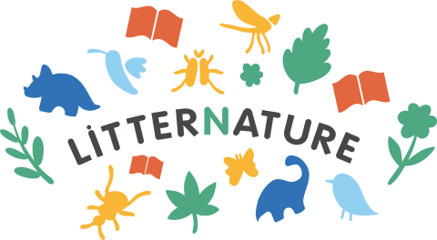 Illustration représentant le projet LitterNature avec des formes des dinosaures, des oiseaux, des feuilles, des insectes...